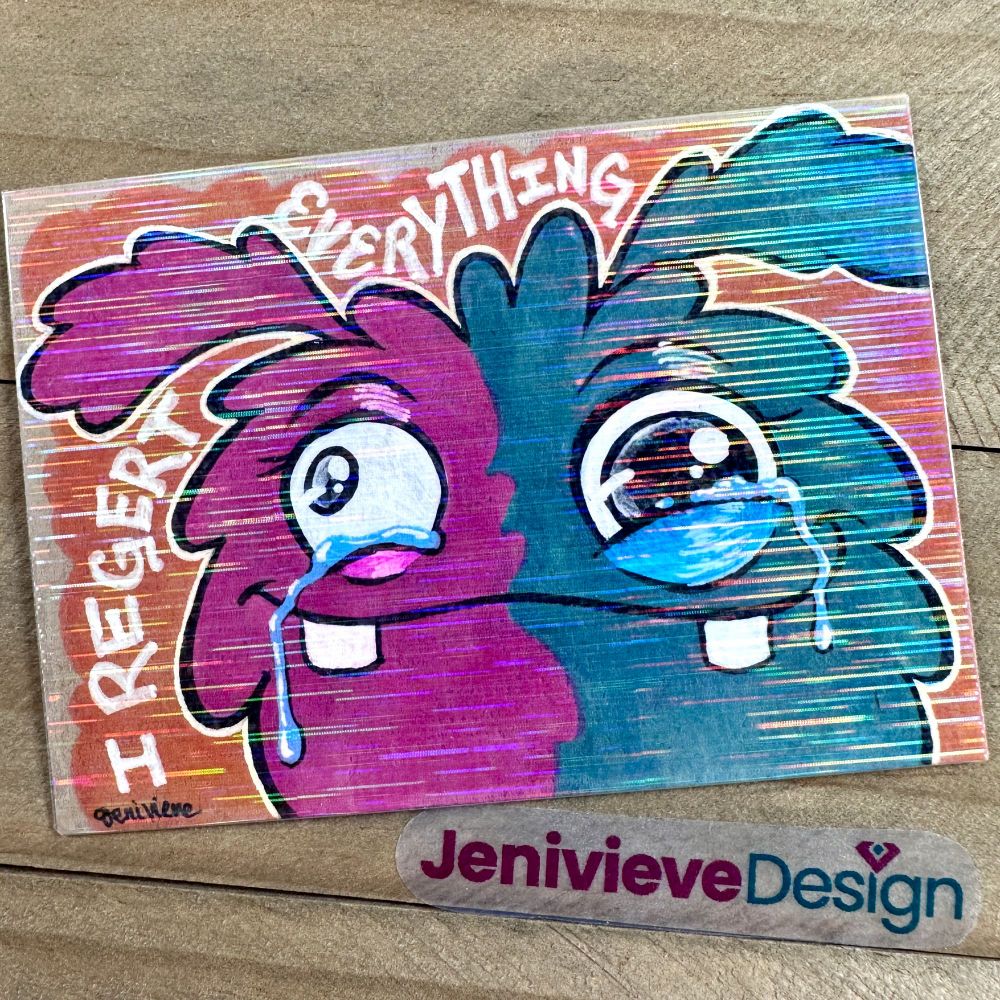 Illustration of a fluff monster who regerts everything. Drawn by Jenivieve Design using alcohol markers, gel pens, brush pen and acrylic markers on brown cardstock. Preserved with 'action movie' lamination.
