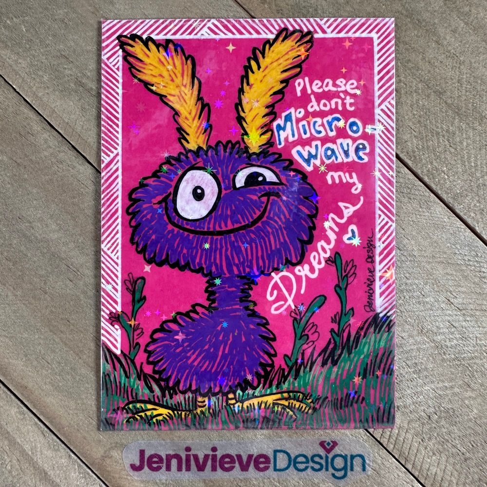 Illustration of a fluff monster using acrylic markers and brush pen on hot pink cardstock by Jenivieve Design.