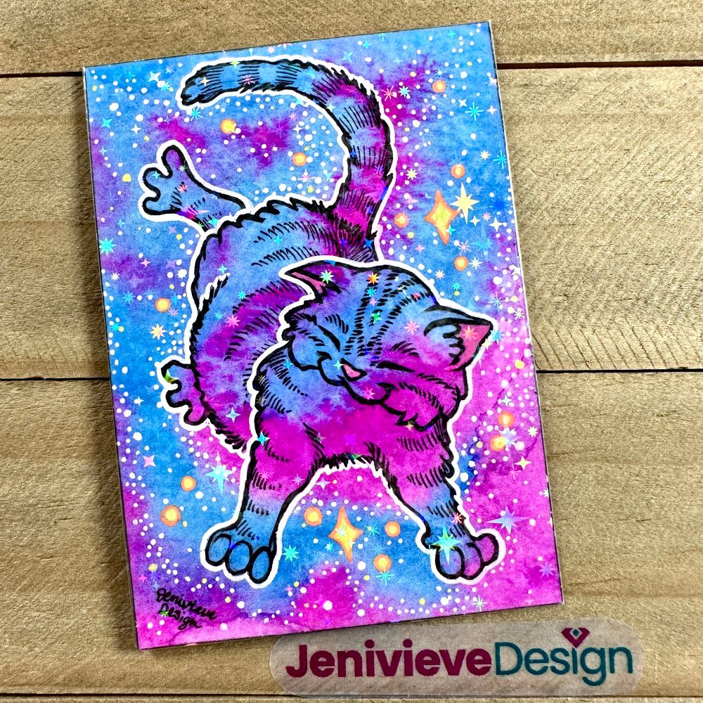 Illustration of a happy cat floating through space, by Jenivieve Design. Neon watercolors, brush pen, and gel pen.
