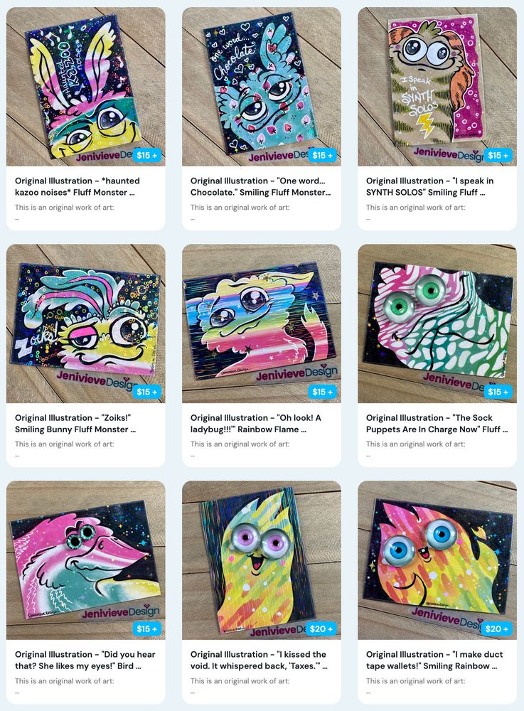 Screenshot of some quirky new creature art I have in my shop!