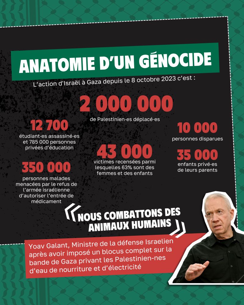 Anatomie d’un Génocide : 

L’action d'Israël à Gaza depuis le 8 octobre 2023 c’est : 

-> 2 millions de Palestinien·nes déplacé-es

-> 43 000 victimes recensées parmi lesquels 63% sont des femmes et des enfants

-> 12 700 étudiant-es assassiné-es, 785 000 personnes privées d’éducation. 

-> 10 000 personnes disparues 

-> 35 000 enfants privé·es de leurs parents 

-> 350 000 personnes malades menacées par le refus de l’armée israélienne de permettre l’entrée de médicament 

“Nous combattons des animaux humains” - Yoav Galant, Ministre de la défense Israélien après avoir imposé un blocus complet sur la bande de Gaza privant les Palestinien·nes d’eau de nourriture et d’électricité
