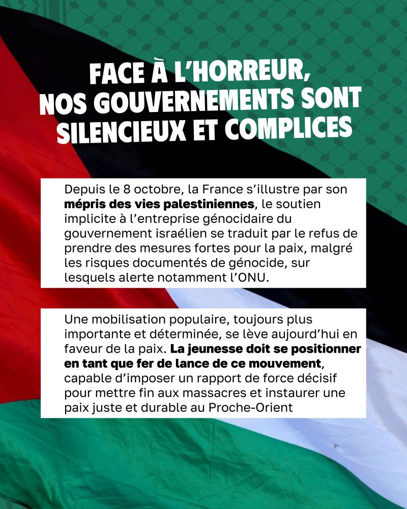 Face à l'horreur, nos gouvernements sont silencieux et complices
Depuis le 8 octobre, la France s’illustre par son mépris des vies palestiniennes, le soutien implicite à l’entreprise génocidaire du gouvernement israélien se traduit par le refus de prendre des mesures fortes pour la paix, malgré les risques documentés de génocide, sur lesquels alerte notamment l’ONU.

Une mobilisation populaire, toujours plus importante et déterminée, se lève aujourd’hui en faveur de la paix. La jeunesse doit se positionner en tant que fer de lance de ce mouvement, capable d’imposer un rapport de force décisif pour mettre fin aux massacres et instaurer une paix juste et durable au Proche-Orient