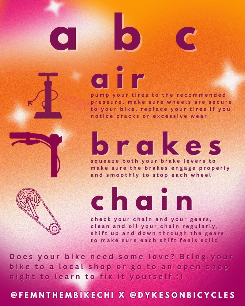 A bicycle safety check flyer titled “a b c” on a pink-orange gradient background. It outlines three pre-ride bike checks:
	•	Air: Pump tires to recommended pressure and replace if worn.
	•	Brakes: Squeeze levers to ensure brakes engage smoothly.
	•	Chain: Check and oil the chain, and shift through gears to test function.
Icons of a bike pump, brake lever, and bike chain accompany each tip. The flyer encourages riders to visit a shop or open bike night if their bike needs repairs. Instagram handles @femnthembikechi and @dykesonbicycles are listed at the bottom.
