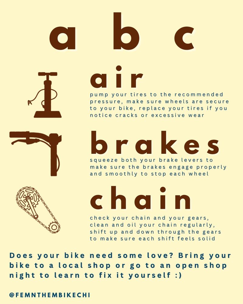 A pale yellow background with brown icons of a bike pump, brake lever, and bike chain. Large letters a, b, c stand for:
	•	Air: Check tire pressure, secure wheels, replace worn tires.
	•	Brakes: Squeeze both brake levers to ensure smooth engagement.
	•	Chain: Check chain and gears, clean and oil chain, shift through gears to ensure smooth operation.

At the bottom:
“Does your bike need some love? Bring your bike to a local shop or go to an open shop night to learn to fix it yourself :)”
Social media handle: @FEMNTHEMBIKECHI