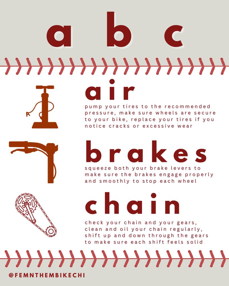 Flyer labeled “a b c” with the corresponding words: “air,” “brakes,” and “chain.” Each section is paired with a simple bike-related illustration. The instructions advise to pump tires, check wheels, inspect brakes for proper engagement, and clean/oil the bike chain while checking gear shifts. Baseball stitching graphics border the flyer. Instagram handle @femnthembikechi at the bottom.