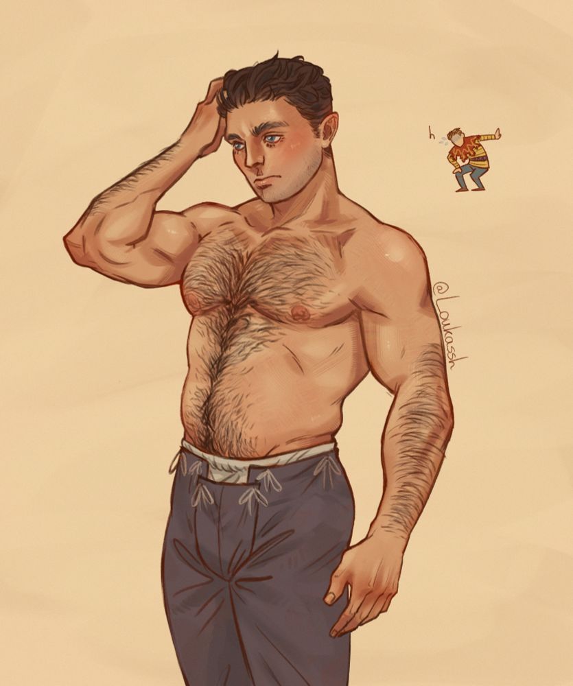 Digital art of henry of skalitz from kingdom come deliverance 2. He is standing shirtless in a pair of joined hose in front of a simple solid warm yellow background. His body is muscular but chonky, with a nice tummy and his torso and forearms are covered in dark brown hair, and he's running his right hand through his hair. A tiny cartoony Hans Capon floats to the right of his head, bent over with one arm braced against his knee and the other against an invisible wall, with a lowercase letter "h" next to him, indicating him comically wheezing because of how handsome henry is. 