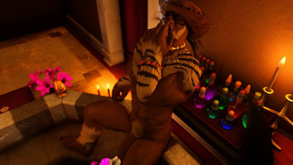 A large hrothgar looking worried as he smokes a cigarette, while a smaller hrothgar sucks his dick and holds his large balls.
