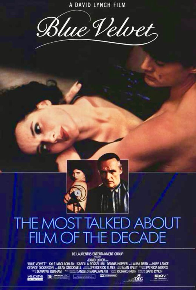 Poster art for the 1986 film, “Blue Velvet” by the late, great David Lynch. Haunting photos of Isabella Rossellini, Kyle MacLachlan and, Dennis Hopper over a backdrop of deep blue velvet curtains. 
