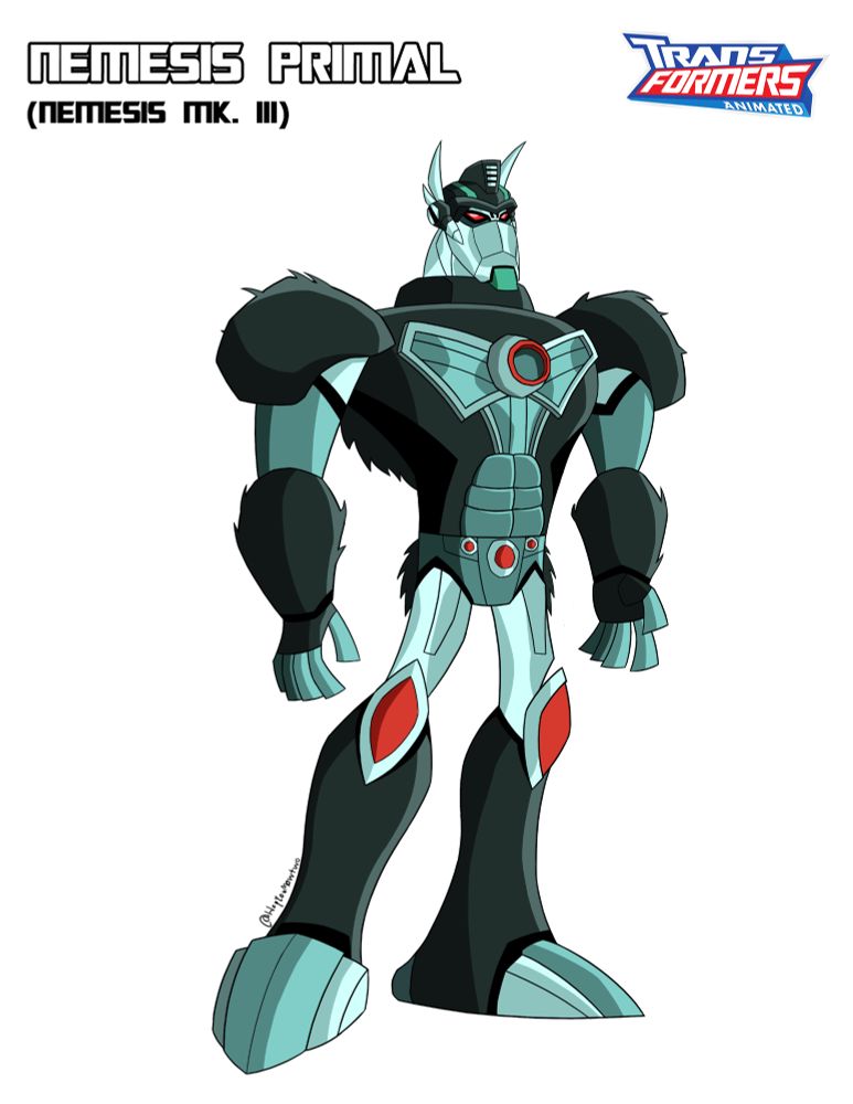An illustrated render of a character resembling Optimus Prime from Transformers Animated but with design features based from the Beast Wars character Optimus Primal, the character is referred to Nemesis Primal (Nemesis Mk. III), a spin-off of the usual take of Nemesis Prime; an evil doppelganger of Optimus Prime. The depiction of the character is based off of Primal Major, a character who was meant to appear in the scrapped episode of Transformers Animated 'Trukk vs Munky' where Optimus Prime and Primal Major, a clone of Optimus, would fight each other in battle. The particular version of the illustrated render depicts him with his battle mask on.