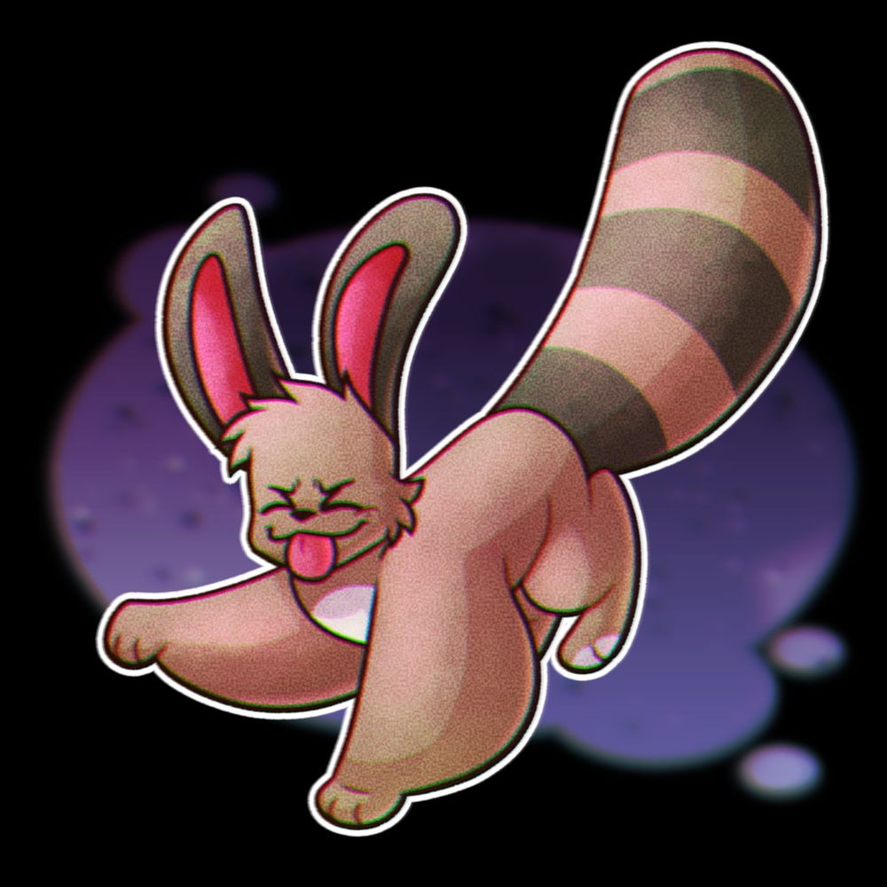 A drawing of an Eevee and Sentret fusion on a purple background. The fusion is running and sticks his tongue out.