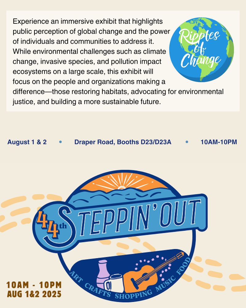 Promotional graphic for “Ripples of Change,” an immersive exhibit on public perception of global change, to be featured at the 44th Steppin’ Out festival. The event takes place August 1–2, 2025, from 10AM to 10PM on Draper Road at Booths D23/D23A. The graphic includes a globe logo and festival imagery with icons for art, crafts, music, shopping, and food.