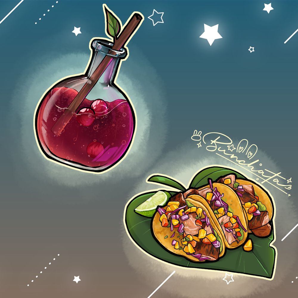 illustration of food on a gradient blue and brown background. The top left is a cranberry drink in a round potion bottle with a stick-like straw, the bottom right is a set of 3 grilled salmon tacos plated on a single large leaf