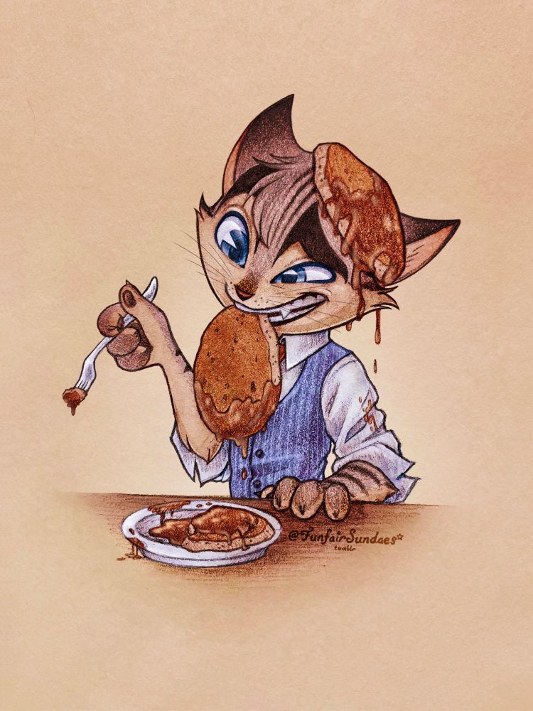 Fan art of Rocky Rickaby from Lackadaisy messily eating pancakes with a fork in one hand. There is a pancake on his head, a half of one on his plate, and he is holding one in his mouth. Maple syrup is dripping everywhere.