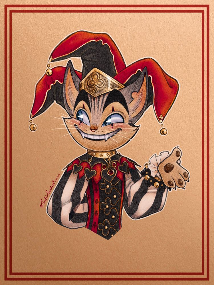 Traditional/digital fanart of Rocky Rickaby from Lackadaisy, wearing a red, black, and white jester outfit while sporting a mischievous grin. Directly inspired by the Harlequin artwork by Lackadaisycats.