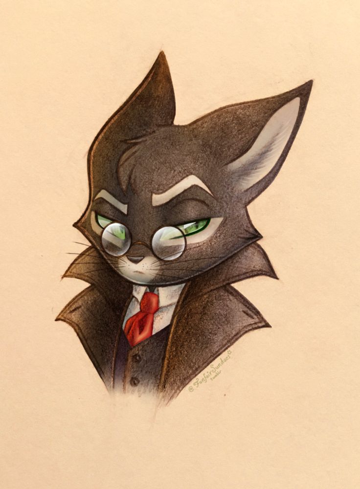 A digitally colored sketch of Mordecai Heller, a black and white anthropomorphic cat from Lackadaisy. He is wearing glasses, a red tie, and a big collar on his coat. He has a serious expression that is partially intrigued.