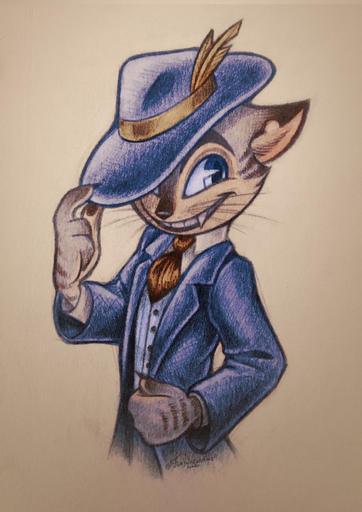 A colored sketch of Rocky Rickaby, a gray tabby cat in a 1920s suit, from Lackadaisy. He is grinning mischievously while tipping his hat while on a blank, off-white background.
