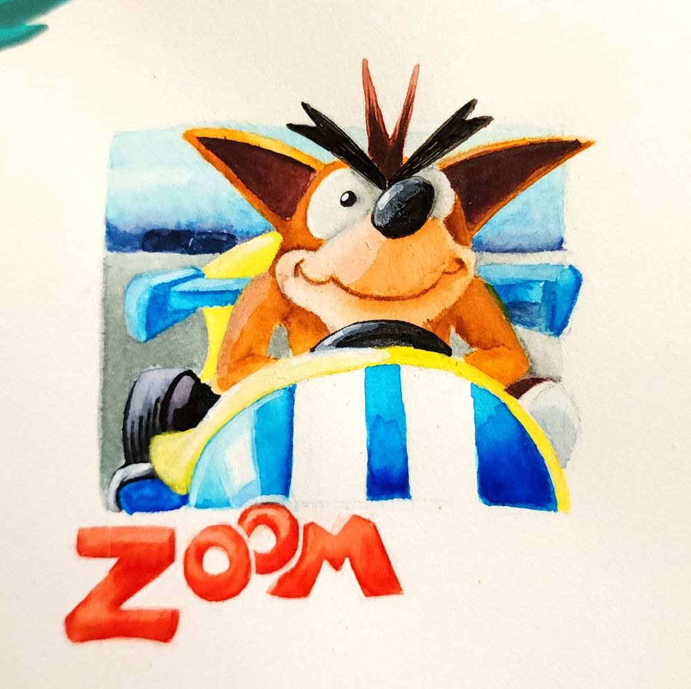 Watercolor painting of Crash Bandicoot driving a blue cart, sporting a determined facial expression.