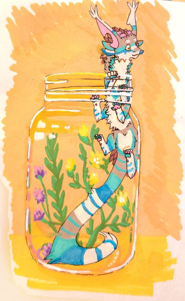 Karma the Cat-Dragon crawling out of a mason jar that sparsely has some foliage inside. Karma is peeking out of the top and to their left (viewer's right) All on an orange and yellow background.