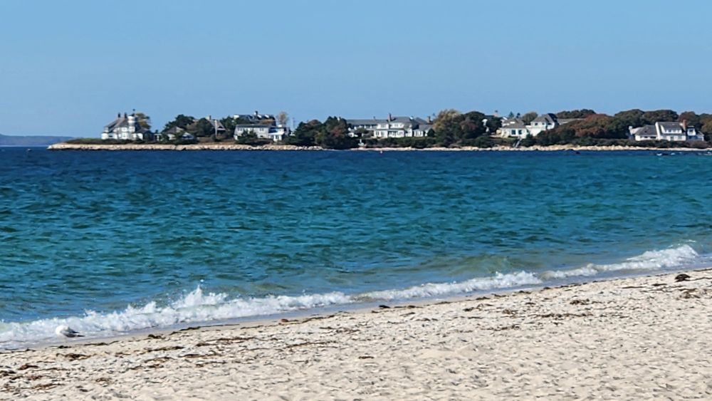 Beach scene. Sand with white frothy little wave going inland. The ocean past the white is a few shades of blue. In the distance, a row of Cape Cod homes facing the water.