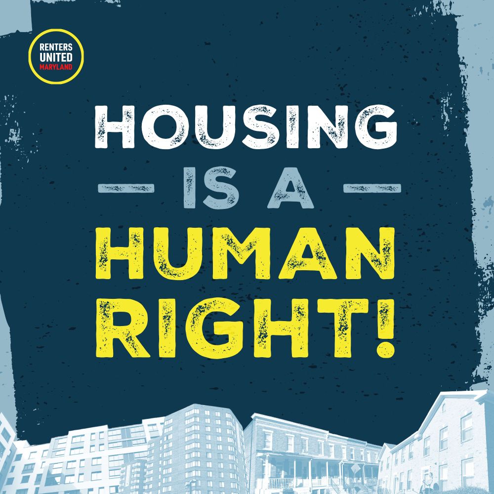Graphic with the RUM logo and images of houses in the background that reads "Housing is a human right!"