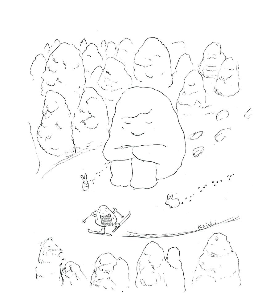 雪深い森の中にぽっかりと開いた広場に座り込む巨大なイエティ。スキーを履いたおにぎりさんが身振り手振りで一生懸命おしゃべりするのを楽しそうに見下ろしている。イエティの両脇にはおにぎりさんを不思議そうに見ている白いうさぎ達。イエティとうさぎ達の足跡は森の中に続いている。