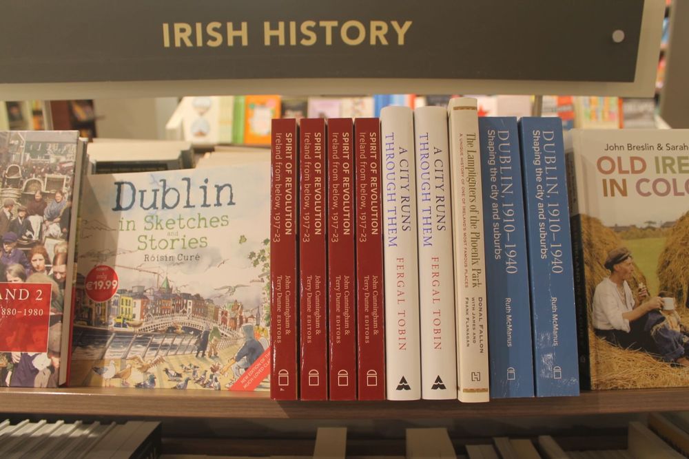 Row of copies of Spirit of Revolution in Easons bookshop shelf.