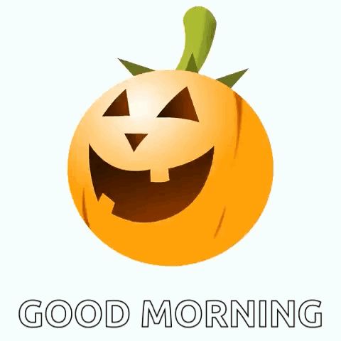 a pumpkin with a face carved into it and the words good morning