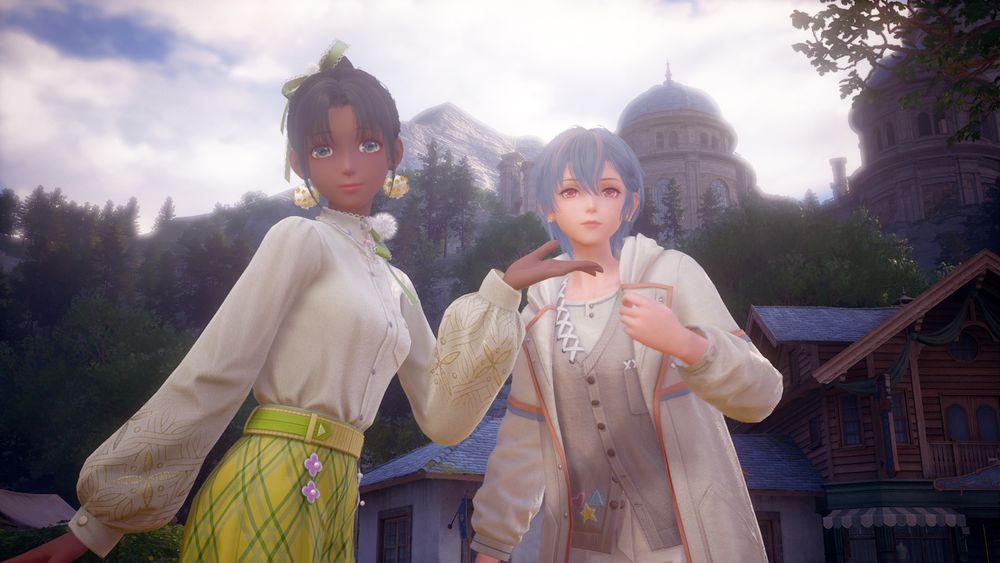 Two girls from Infinity Nikki posing together. The girl on the left is smiling sweetly while holding a hand under the other girls chin.