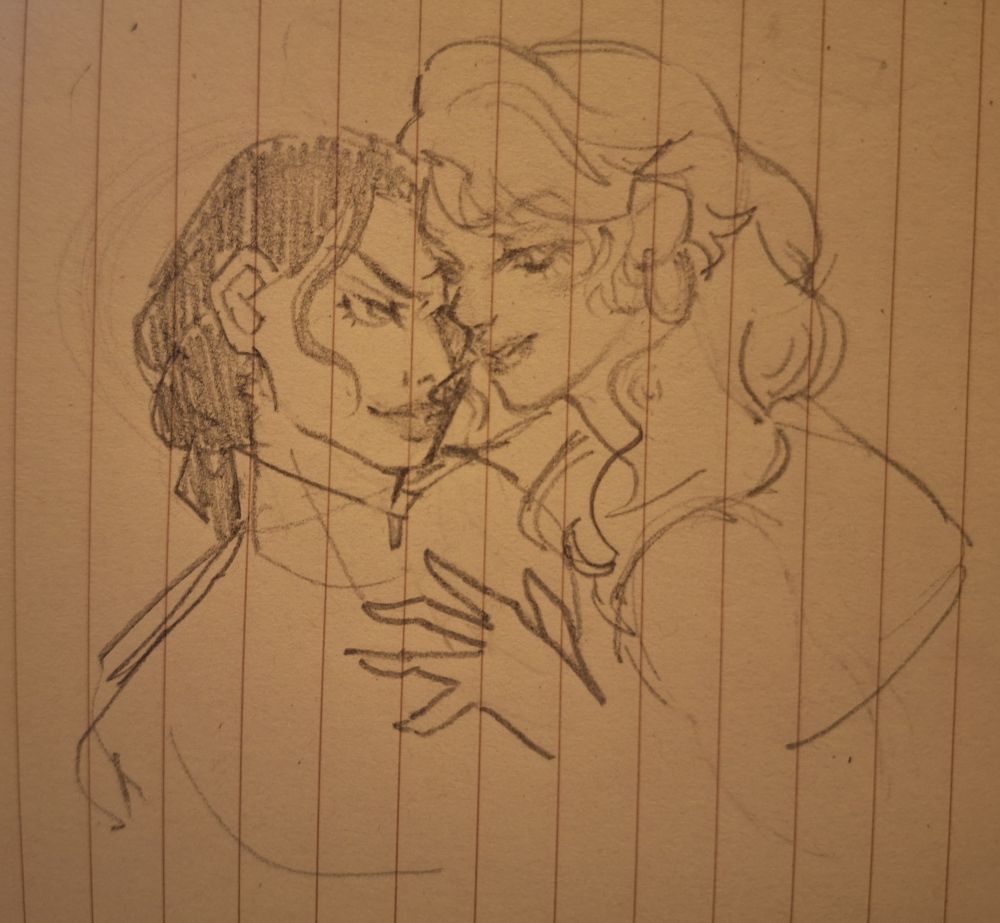 A pencil sketch of Sabine and Carolina getting intimate. Sabine has a dark gaze with a sassy smile, and Carolina has a softer expression while she pushes a hand onto Sabine's chest.