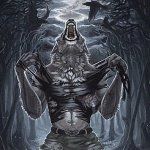 low resolution image of a werewolf kneeling on the ground, howling and tearing off their shirt