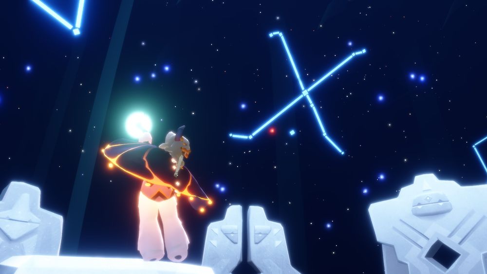 sky child standing on top of a pedestal, surrounded by stone monuments, holding an orb of light. there are many stars and a few constellations in the sky.