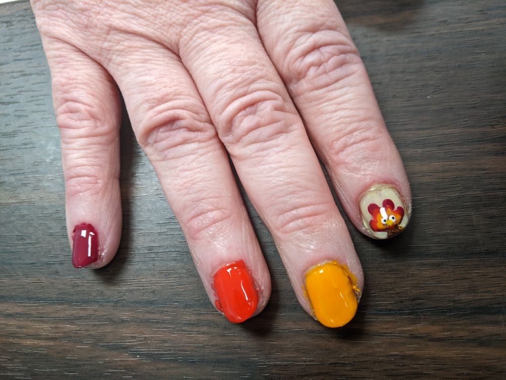 nail design that features a turkey on one nail and the other nails solid in the colors of its tailfeathers in magenta, red-orange, and mustard yellow