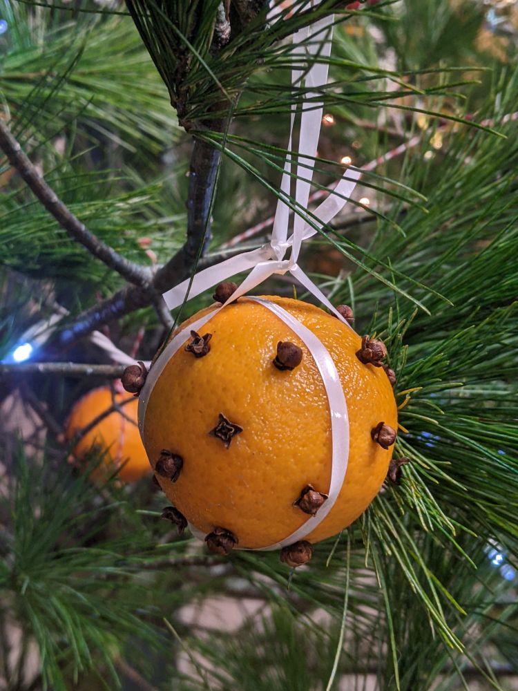 An orange tied with ribbon and poked full with cloves