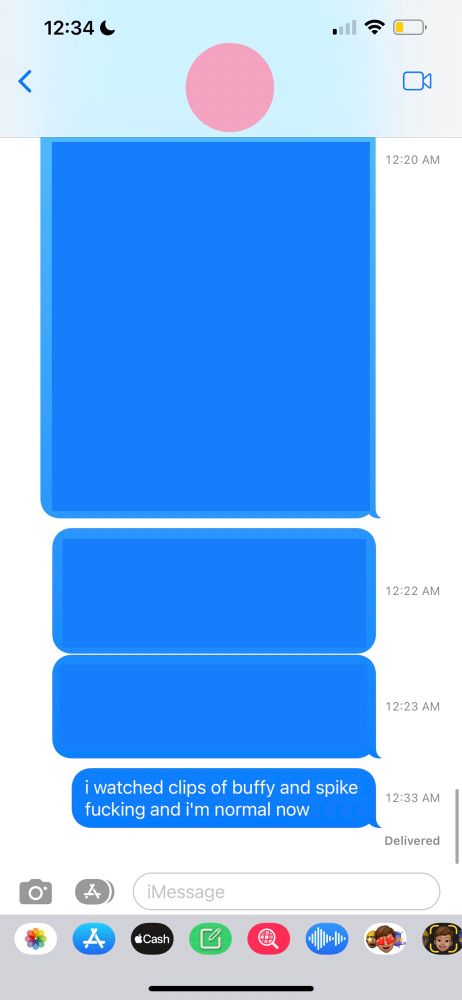 big long censored text paragraphs sent at 12:20 am, 12:22 am, and 12:23 am and finally an uncensored text that reads "i watched clips of buffy and spike fucking and i'm normal now" sent ten minutes later at 12:33 am