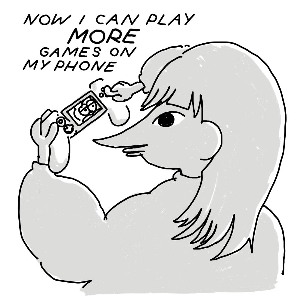 A girl plays intensely on her phone. Text reads: "now I can play more games on my phone".