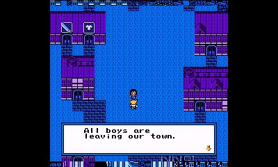 A screenshot of a NES blue-toned town. A girl and a boy are talking. The girl says, "all boys are leaving our town".