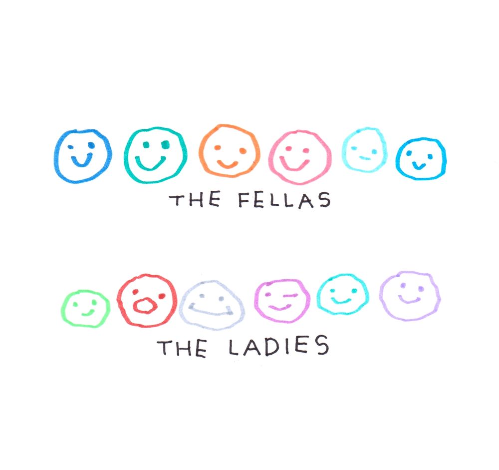A sequence of six differently-coloured smiley faces are labelled "the fellas". Underneath, a second sequence of differently-coloured smiley faces are labelled "the ladies".