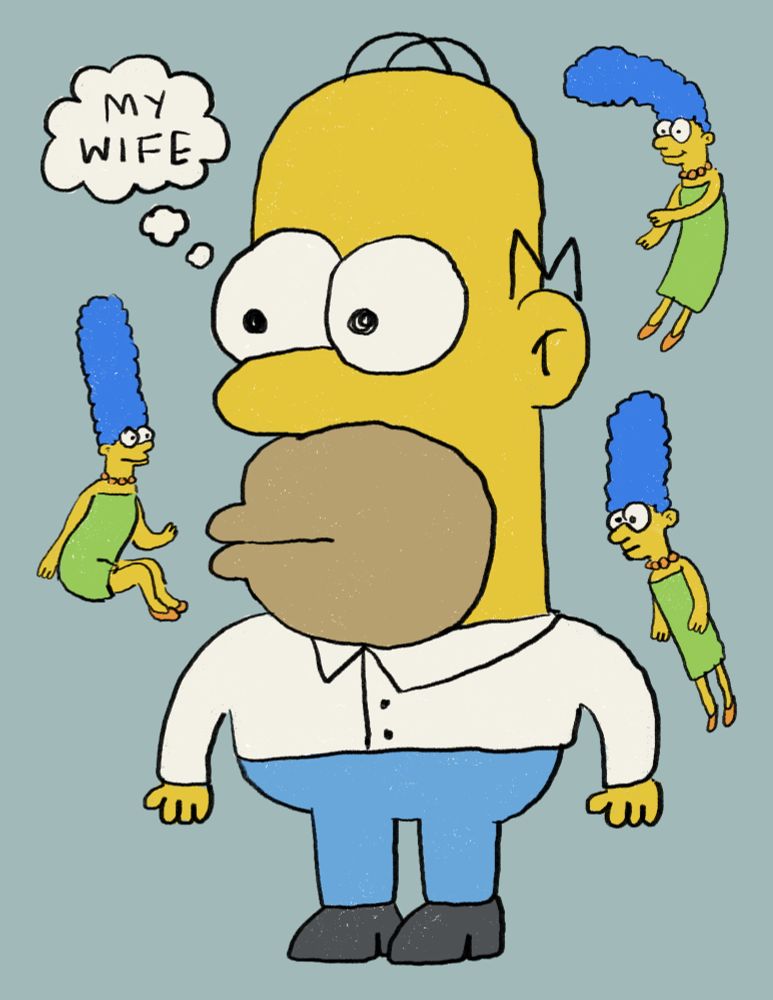 A drawing of Homer Simpson thinking, "my wife". He is surrounded by visions of Marge.