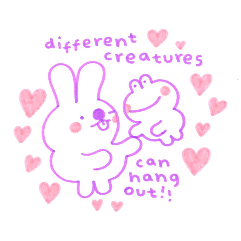 A bunny winks at a frog. Text reads: "different creatures can hang out".