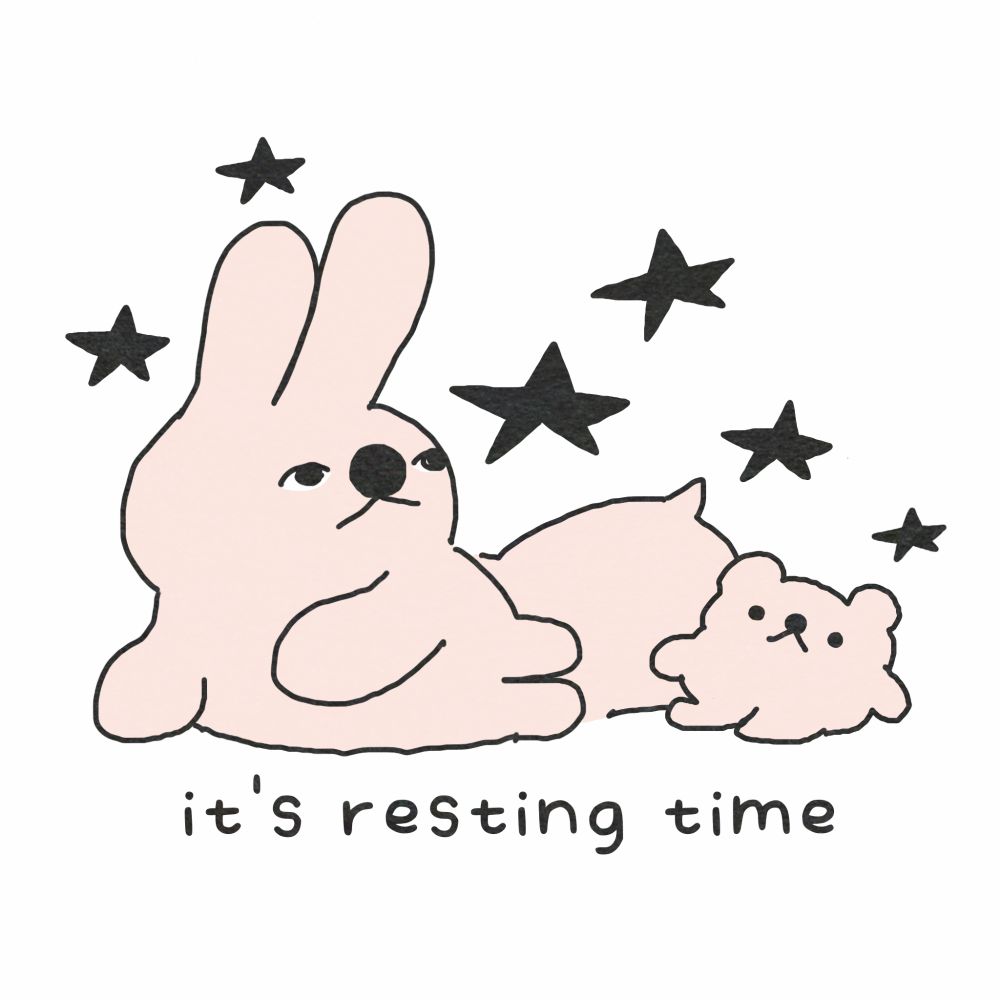 A bunny is lying down with a teddy bear and a pillow. Text reads: "It's resting time".