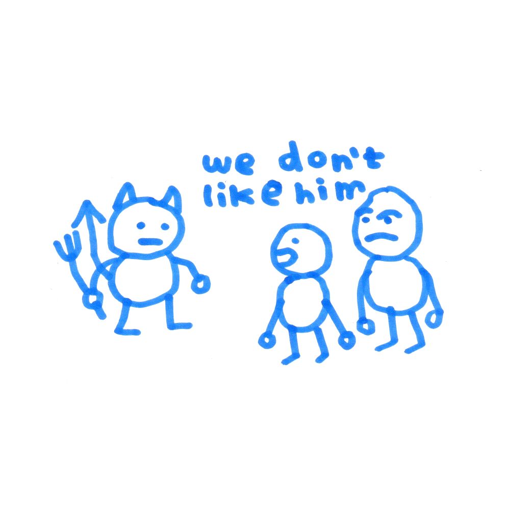 Two people look at the devil and say, "we don't like him".