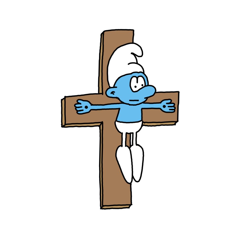 A Smurf on a crucifix.