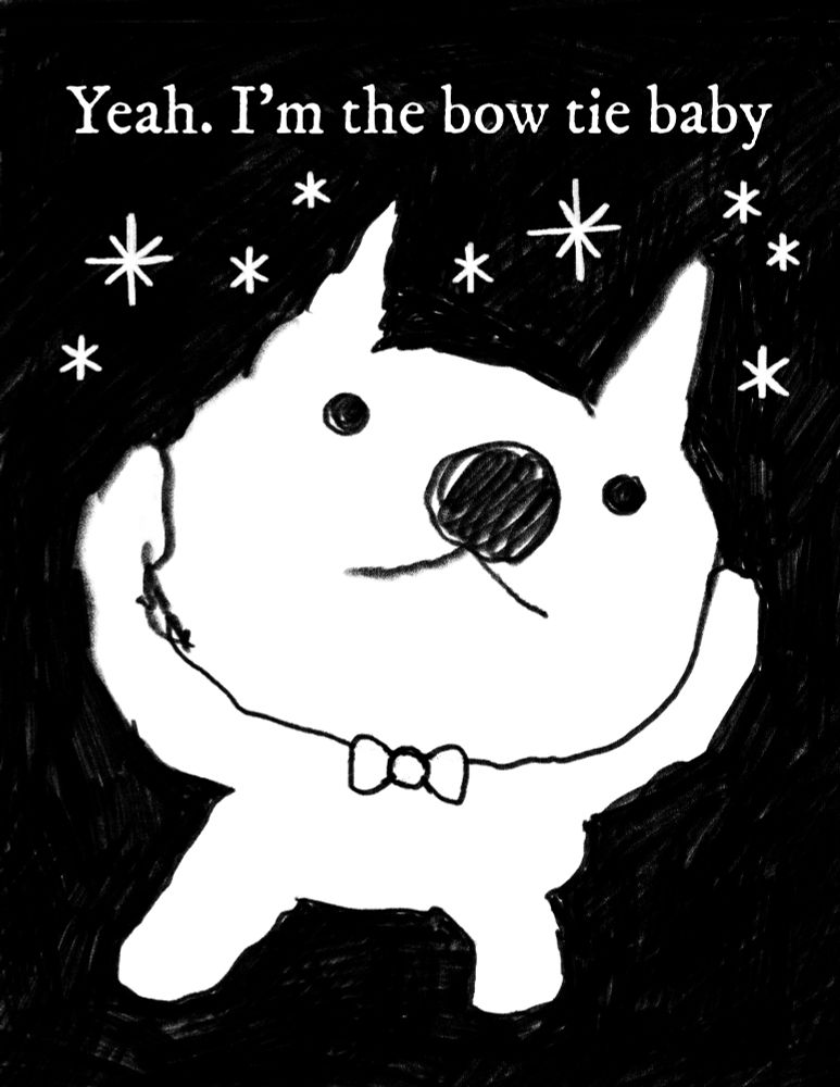 A cat wearing a bow tie holds its front paws at either side of its head. A few stars are above. Text reads: 
