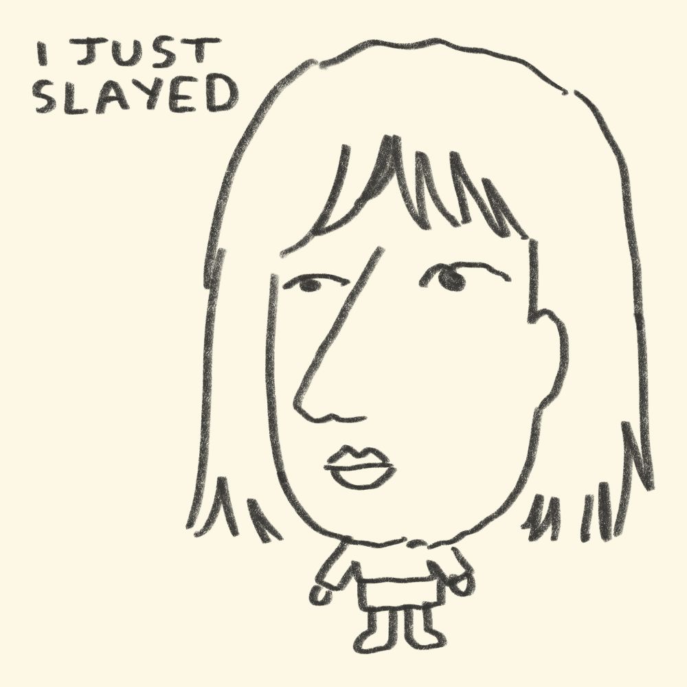 A blank-faced woman looks off to the side. Text reads: 
