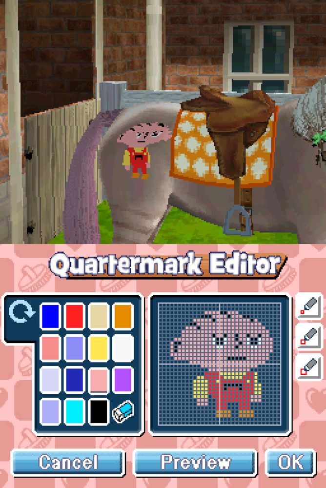 A screenshot from Pony Friends of the "Quartermark editor", where I have drawn a beautiful pixel art Stewie Griffin to stamp on the rump of my pony.