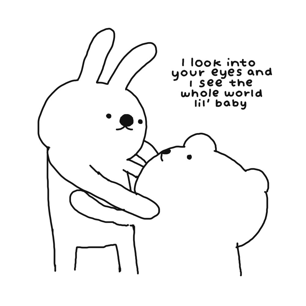 A bunny and a bear hold each other. Text reads: 