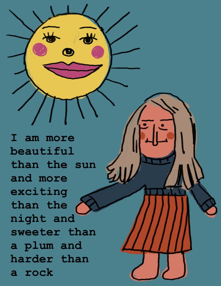 A woman stands under a sun with big, alluring lips and rosy cheeks. Text reads: 