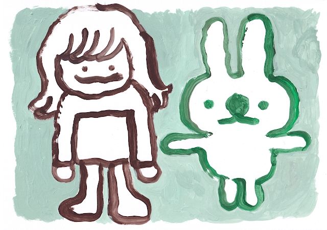 A painting of a woman and a bunny standing side by side.