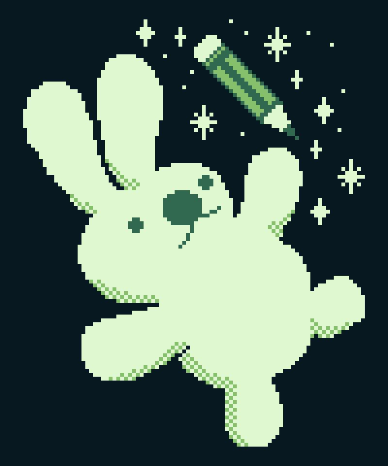 Pixel art drawing of a bunny with a pencil. Many sparkling stars surround the pencil.