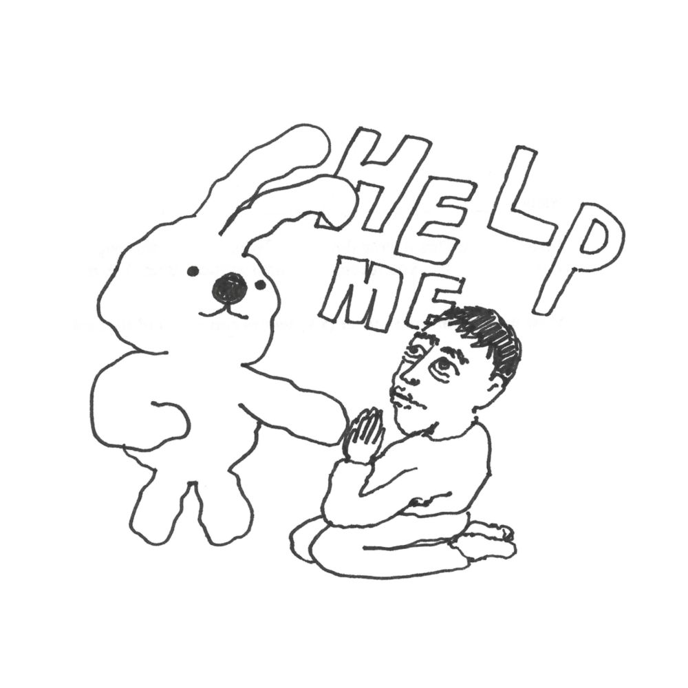 A crouching man with his hands together in prayer position looks up at a bunny who appears to be approaching him. Text reads: 